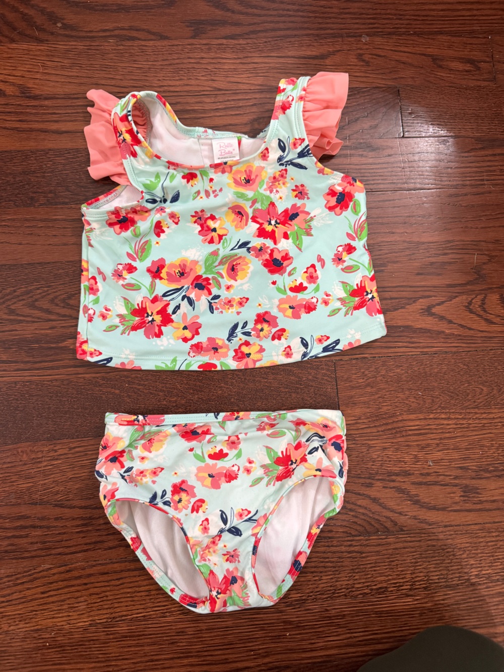 Ruffle Butts Swim Mint Floral Tankini with Coral Ruffle Sleeves Size 4T